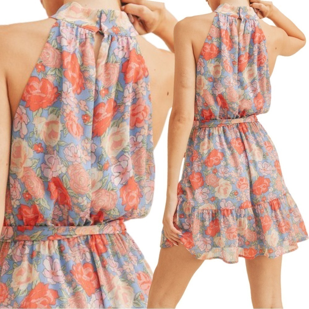 NEW Lush Floral Halter Neck Tie Waist Mini Dress - Picture 17 of 17